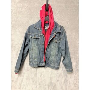 Vintage Plugg Jeans Denim Jacket Red Hoodie Layered Mens Medium Blue Cotton 90s